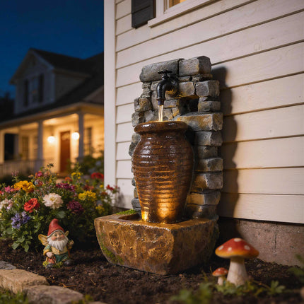 Gartenbrunnen mit LED-Beleuchtung, einstellbarer Wasserfluss