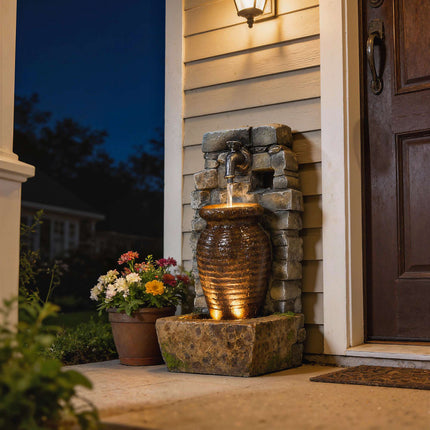 Gartenbrunnen mit LED-Beleuchtung, einstellbarer Wasserfluss