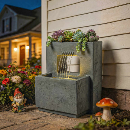 Garden Fountain with LED Lights and Planter, Resin