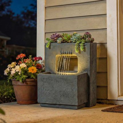 Garden Fountain with LED Lights and Planter, Resin