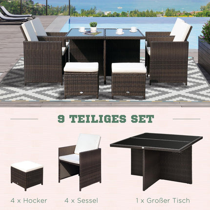 Gartenset aus Polyrattan, 21-teilig, braune Kissen