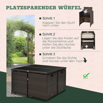 Gartenset aus Polyrattan, 21-teilig, braune Kissen