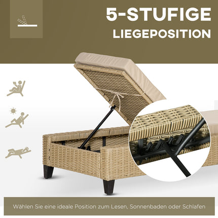 Verstellbare Sonnenliege aus Polyrattan mit Auflagen – Khaki