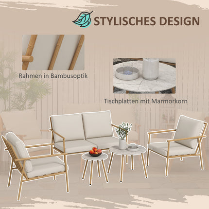 Gartenmöbel-Set – 2 Stühle, Sofa und Tisch, cremefarbene Kissen