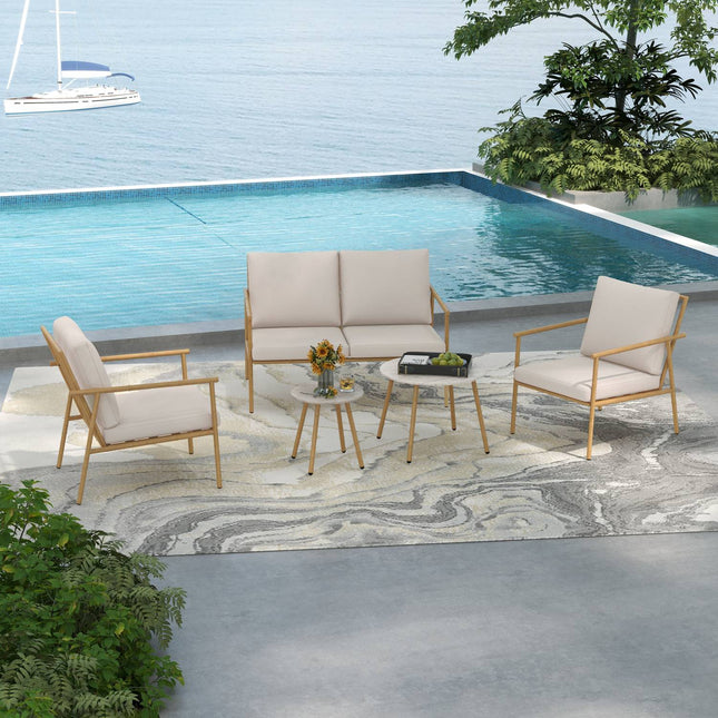 Gartenmöbel-Set – 2 Stühle, Sofa und Tisch, cremefarbene Kissen
