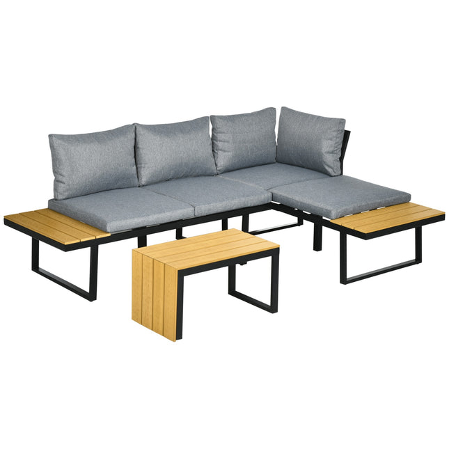 Gartenmöbel-Set für 3 Personen, Aluminium & Holzoptik, dunkelgrau