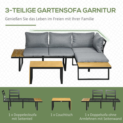 Gartenmöbel-Set für 3 Personen, Aluminium & Holzoptik, dunkelgrau