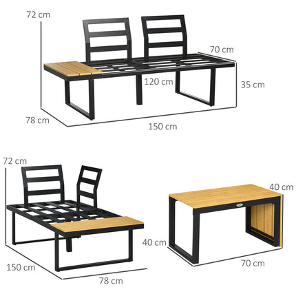 Gartenmöbel-Set für 3 Personen, Aluminium & Holzoptik, dunkelgrau