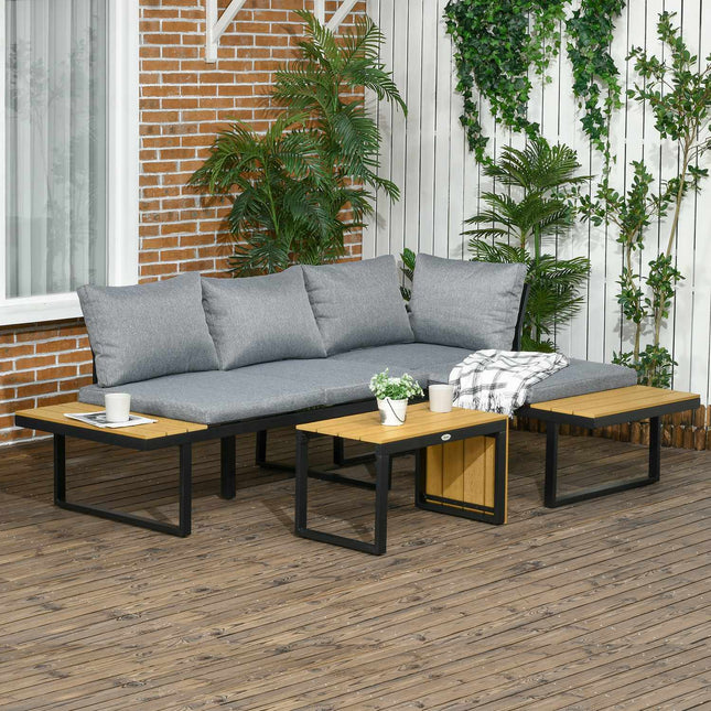 Gartenmöbel-Set für 3 Personen, Aluminium & Holzoptik, dunkelgrau