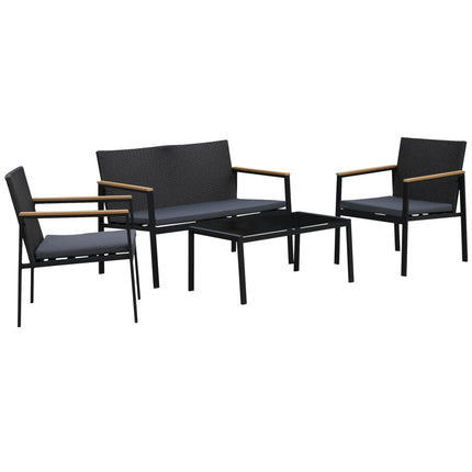 4-teiliges schwarzes Rattan-Terrassen-Set mit Kissen