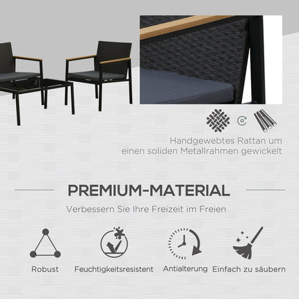 4-teiliges schwarzes Rattan-Terrassen-Set mit Kissen