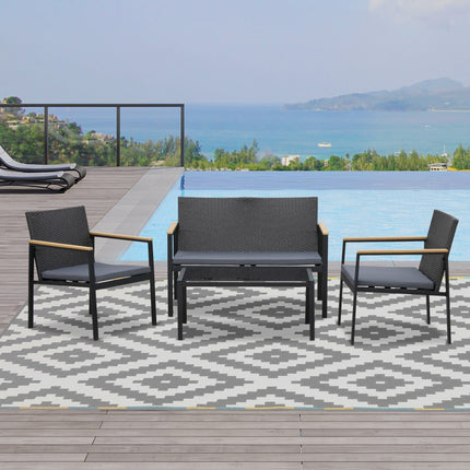 4-teiliges schwarzes Rattan-Terrassen-Set mit Kissen