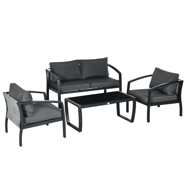 4-Sitzer Gartenmöbel-Set in Grau & Schwarz mit Sofa, Sesseln, Glastisch - wetterfest