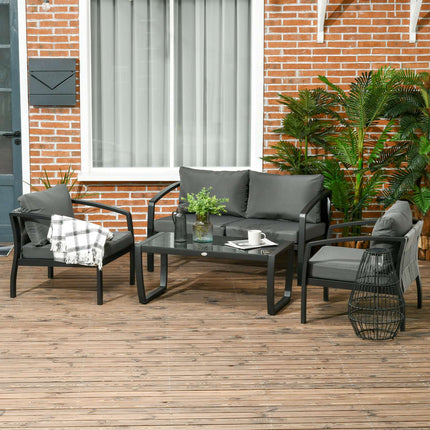 4-Sitzer Gartenmöbel-Set in Grau & Schwarz mit Sofa, Sesseln, Glastisch - wetterfest
