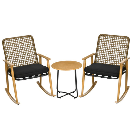 Salon de jardin pour 2 personnes, 2 fauteuils à bascule, 1 table d'appoint, polyrotin robuste, coussins d'assise inclus