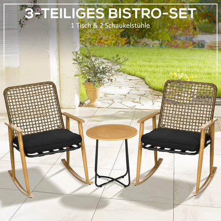 Salon de jardin pour 2 personnes, 2 fauteuils à bascule, 1 table d'appoint, polyrotin robuste, coussins d'assise inclus