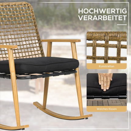 Salon de jardin pour 2 personnes, 2 fauteuils à bascule, 1 table d'appoint, polyrotin robuste, coussins d'assise inclus
