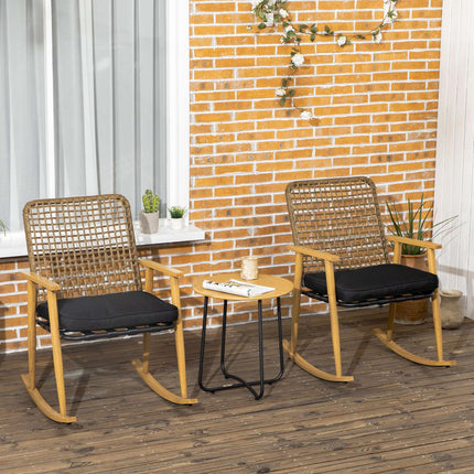 Salon de jardin pour 2 personnes, 2 fauteuils à bascule, 1 table d'appoint, polyrotin robuste, coussins d'assise inclus