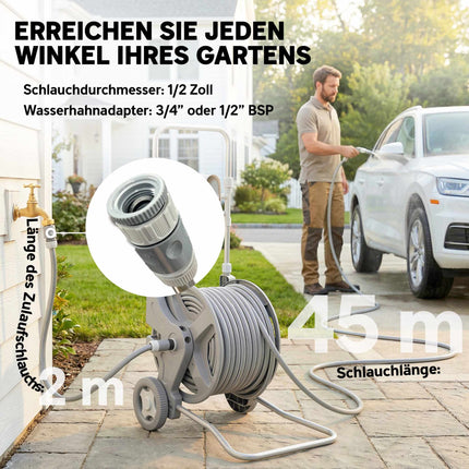 Gartenschlauchwagen, 45m Schlauch, Doppelfunktionsdüse