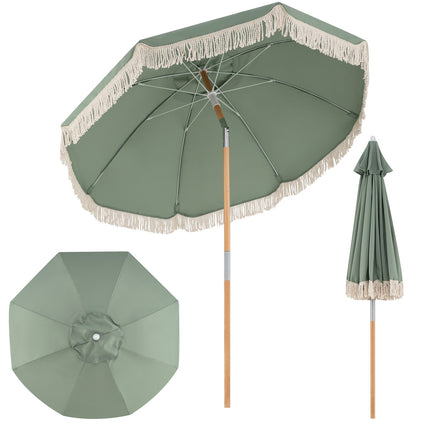 Garten-Sonnenschirm 270cm, Holzstange, knickbar, Fransen, Grün