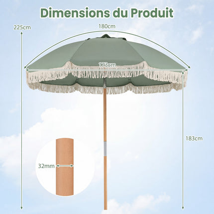 Garten-Sonnenschirm 270cm, Holzstange, knickbar, Fransen, Grün