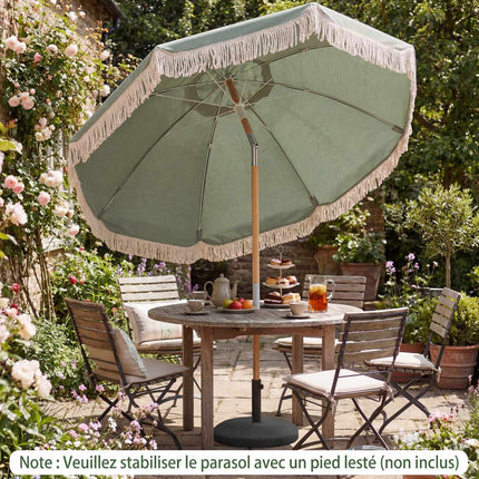 Garten-Sonnenschirm 270cm, Holzstange, knickbar, Fransen, Grün