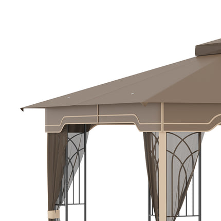 Tuinpaviljoen 3,65X3M Partytent Met Dubbel Dak En Klamboe, Metaal, Bruin+Beige