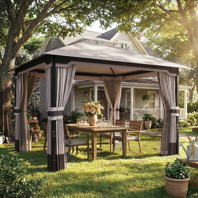 Gartenpavillon mit doppellagigem Dach und Vorhängen