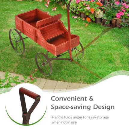 Garden Planter Wagon, Fir Wood, 2 Sections, Wheels, Red