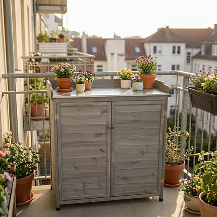 Zahradní přesazovací stůl se skříňkou, šedá, pozinkovaná deska