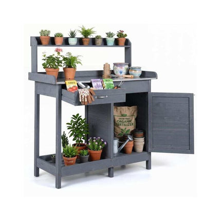 Garden Potting Bench with Stainless Steel Top, Lockable Cabinet, Grey