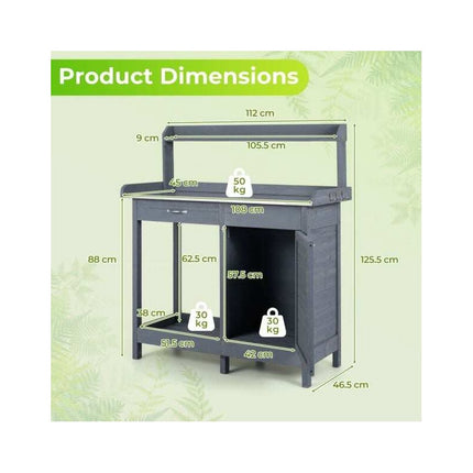Garden Potting Bench with Stainless Steel Top, Lockable Cabinet, Grey