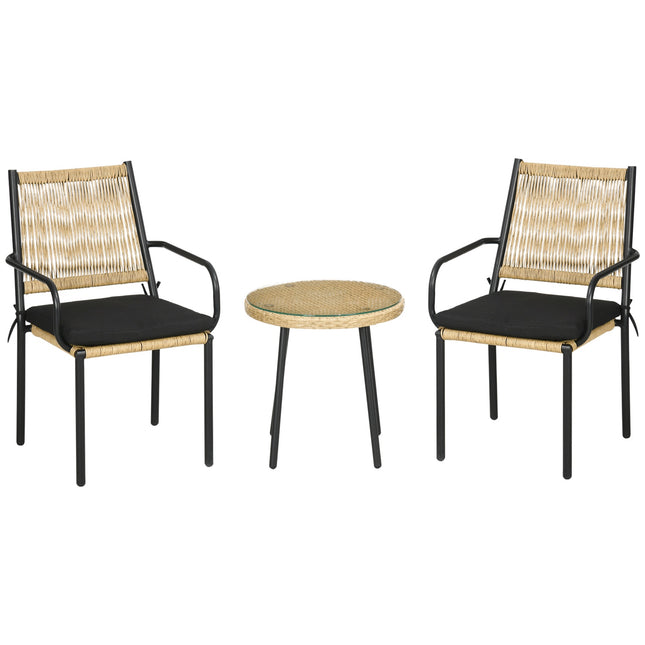 2-Personen-Gartenset in Rattanoptik, runder Tisch, sandfarbene Kissen