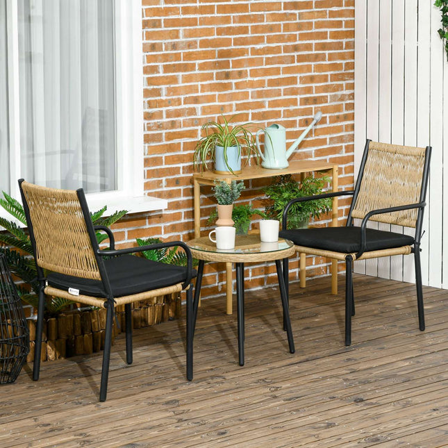 2-Personen-Gartenset in Rattanoptik, runder Tisch, sandfarbene Kissen