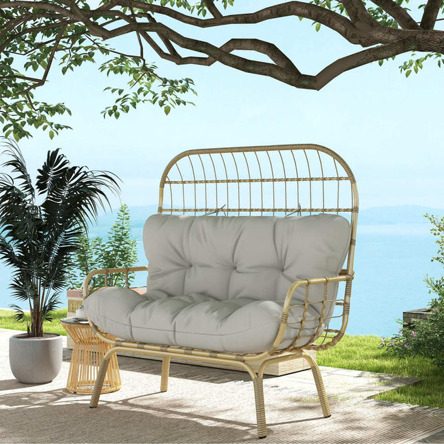 2-Sitzer-Rattan-Gartensofa, Polsterauflagen, hellgrau