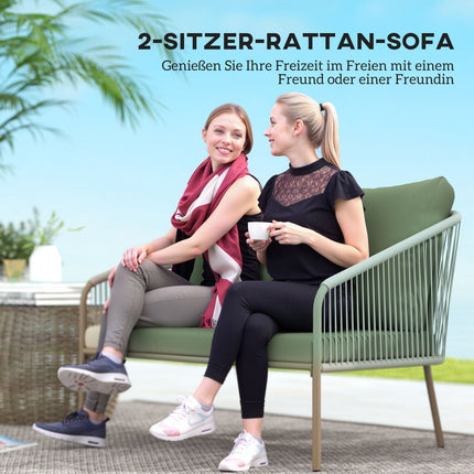 Grünes Outdoor 2-Sitzer Rattan-Sofa mit Kissen
