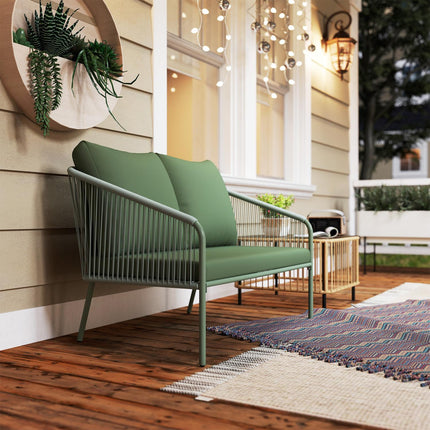 Grünes Outdoor 2-Sitzer Rattan-Sofa mit Kissen