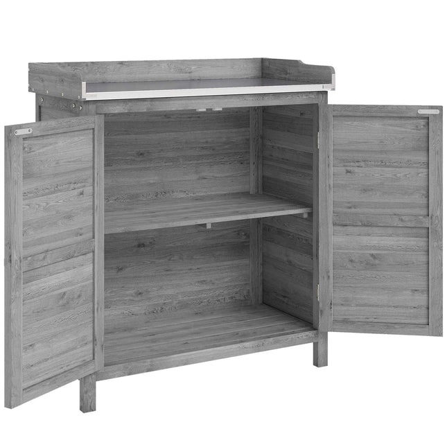 Gartenschrank mit Metallarbeitsplatte, Grau Holz