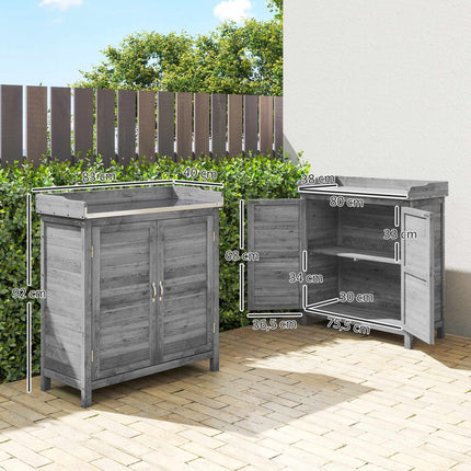 Garden Storage Cabinet with Metal Worktop, Grey Wood