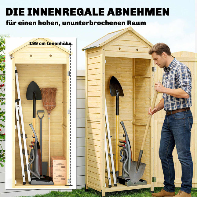 Gartenschuppen, hoher Holzschrank mit verstellbaren Einlegeböden