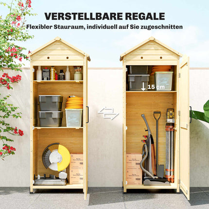 Gartenschuppen, hoher Holzschrank mit verstellbaren Einlegeböden