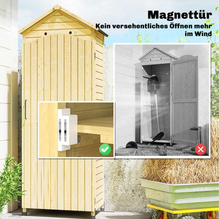 Gartenschuppen, hoher Holzschrank mit verstellbaren Einlegeböden