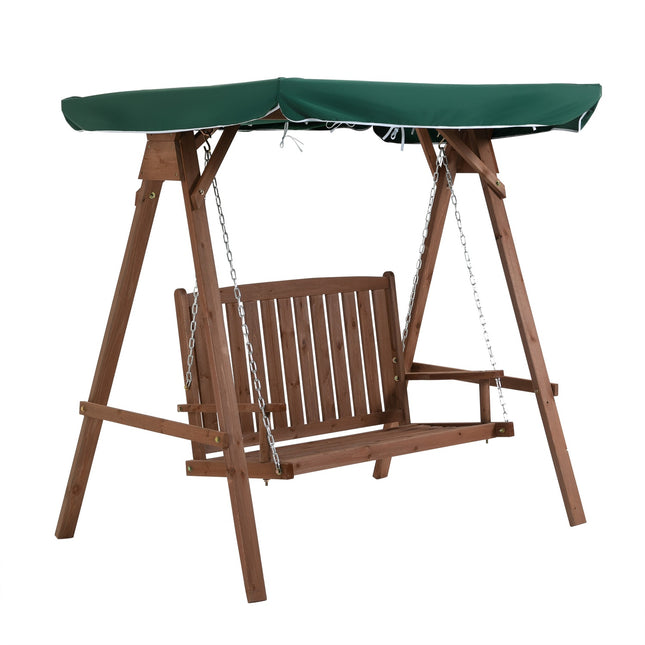 Garden swing in solid wood for 2, green, with roof cover