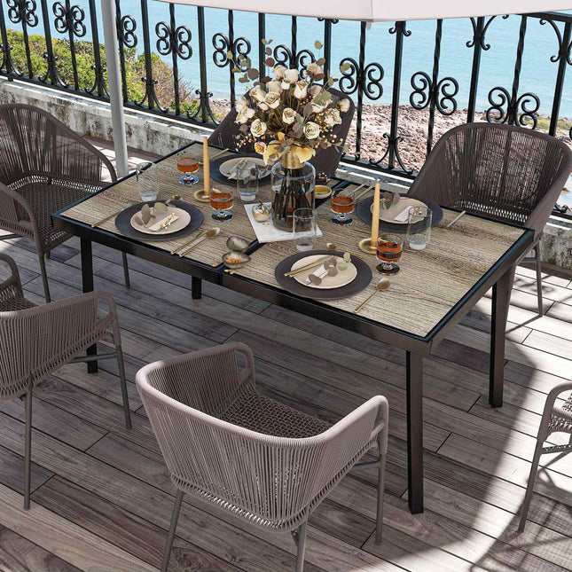 Gartentisch für 6 Personen, Holzoptik, Stahlgestell, grau