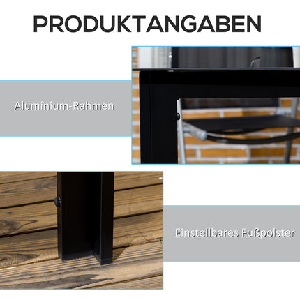Gartentisch aus Aluminium für 6 Personen, Glasplatte, Schwarz