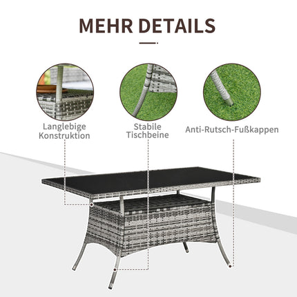Gartentisch, Glasplatte, Polyrattan, 150x85x74 cm