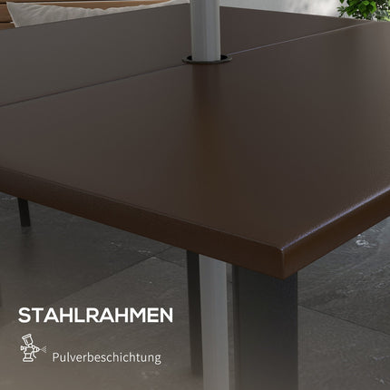 Square garden table with umbrella hole, steel, brown, seats 4