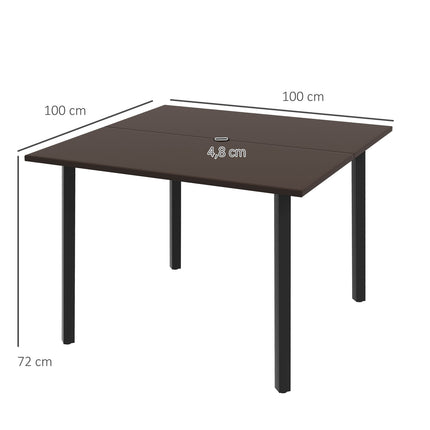 Square garden table with umbrella hole, steel, brown, seats 4
