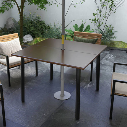 Square garden table with umbrella hole, steel, brown, seats 4