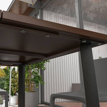 Square garden table with umbrella hole, steel, brown, seats 4